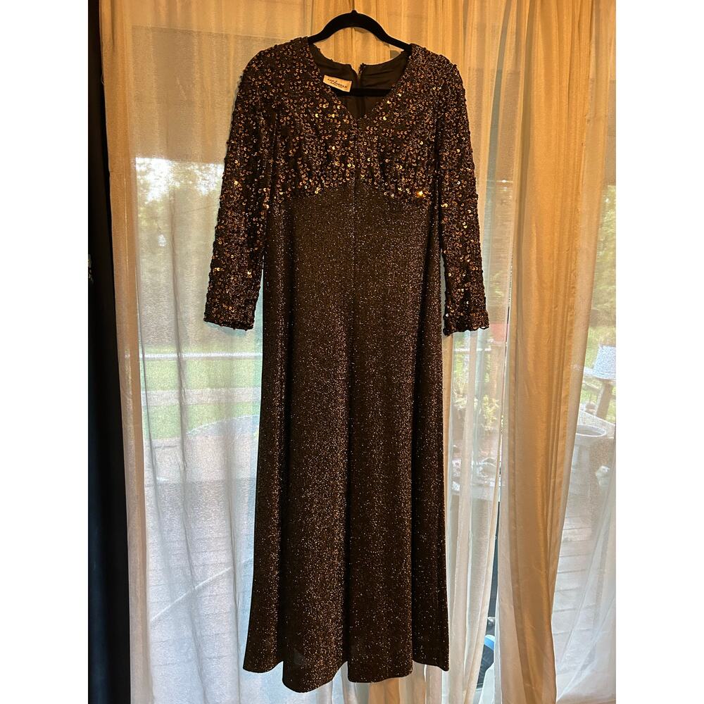 Vintage 1960s Lee Jordan Black & Gold Sequin Cocktail Dress | Size 14